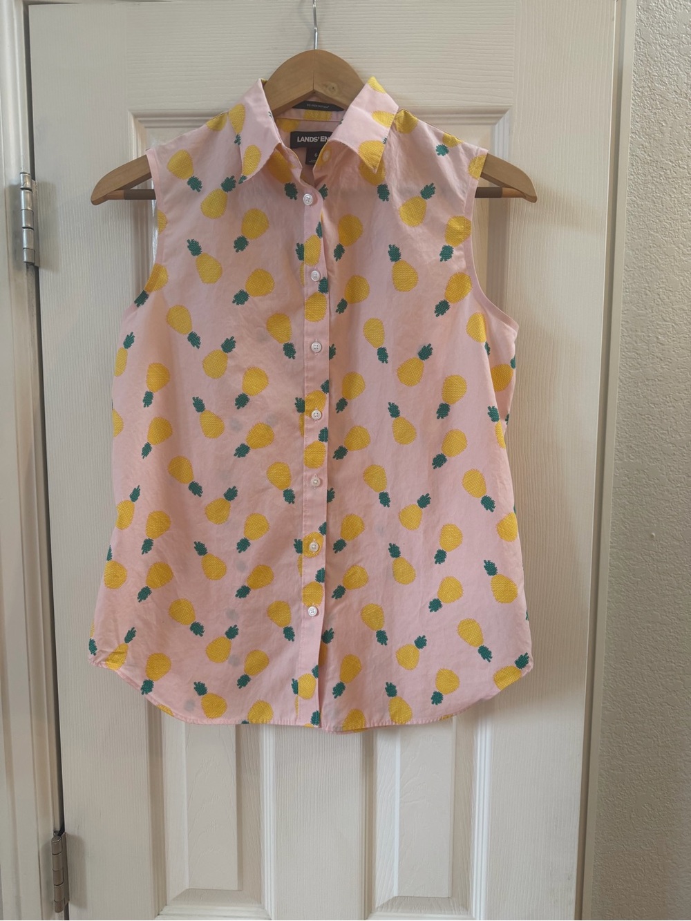 Lands' End Pink Pineapple Print Button Front Blouse